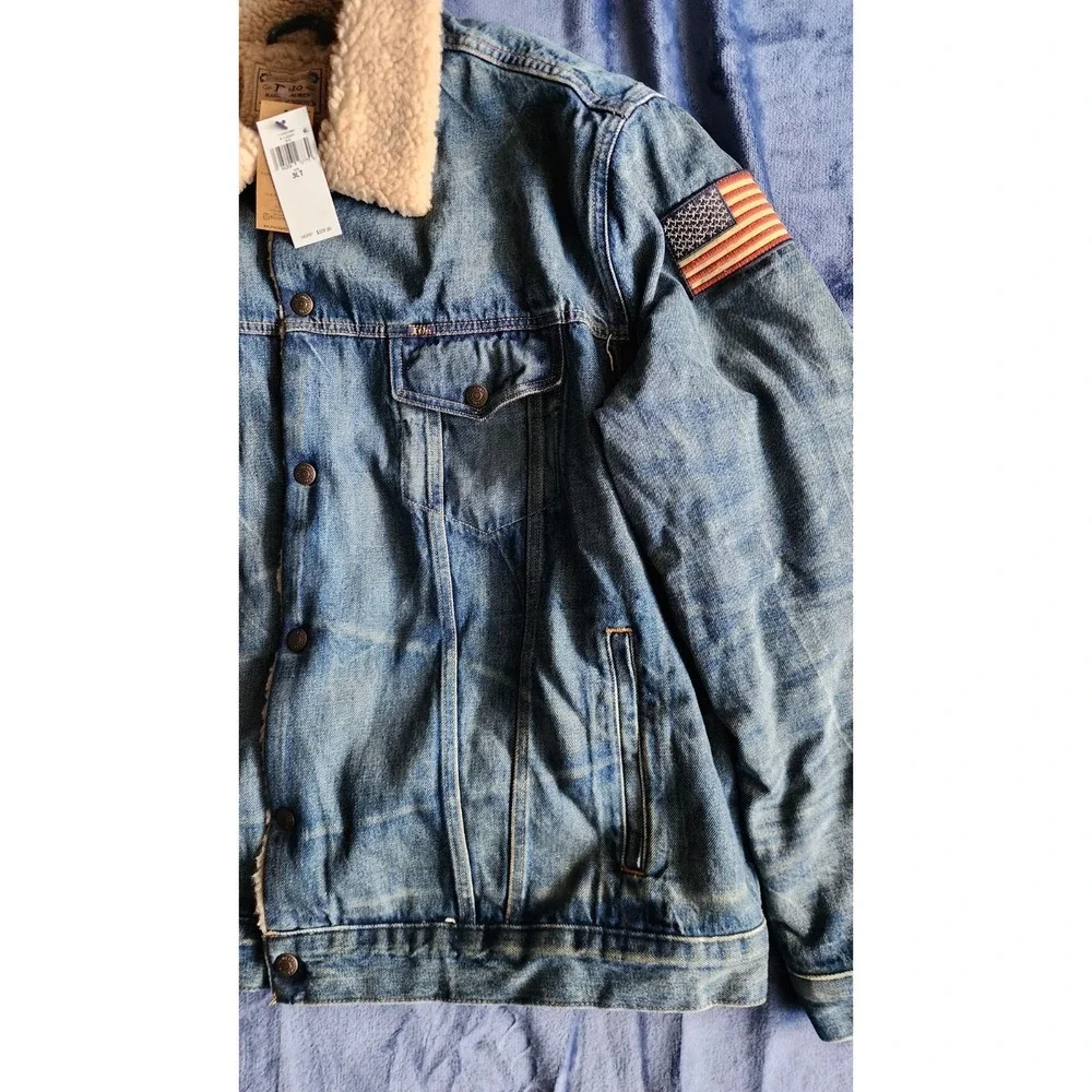 NWT Polo Ralph Lauren Men's Sherpa Fleece Lined Denim Trucker Jean Jacket w/Flag - Picture 4 of 14